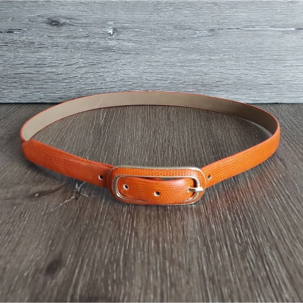 Iguana Print Orange Bonded Leather Skinny Belt Medium